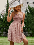 Mojoyce Smock sleeveless square collar mesh mini dress women Beach holiday tulle sundress pink  Fashion a-line dot vestidos 2022