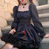 Mojoyce Long Sleeves Lolita Black Dress Goth Aesthetic Puff Sleeve High Waist Vintage Bandage Lace Trim Party Gothic Clothes Dress Woman