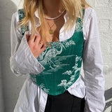 Mojoyce Women Corset Crop Tops Vintage Print Off Shoulder Sleeveless Tank Top Harajuku Fairy Grunge Y2k Aesthetic Vest Blusas Streetwear