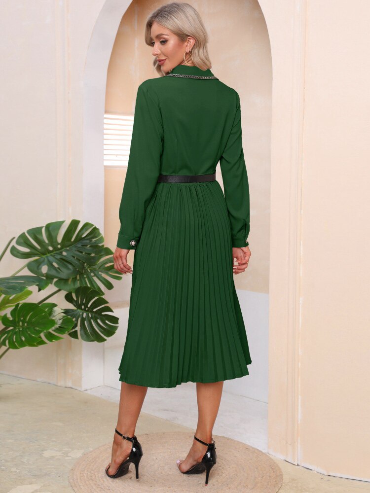 Mojoyce Slim Fit Long Sleeve Belt Pleated Chic Dress 2023 New Women Autumn Winter Lapel Collar Long Sleeve Casual Long Dresses
