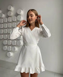 Mojoyce Casual V Neck Bandage Ruffles Sweet Dress Summer Fashion Long Sleeve High Waist A Line Mini Dresses For Women 2022