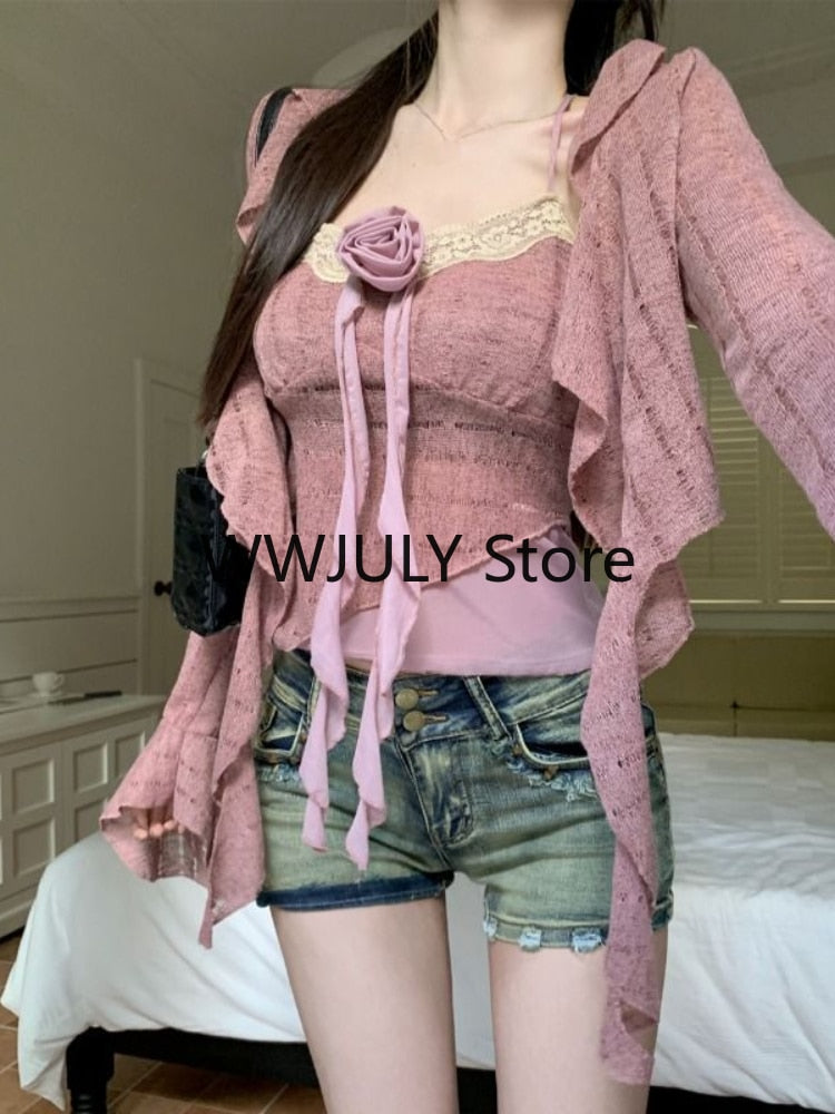 Mojoyce Autumn 2023 Pink Elegant 2 Piece Set Office Lacy Lace Strap Tops Casual Cardigan Back to School Outfits