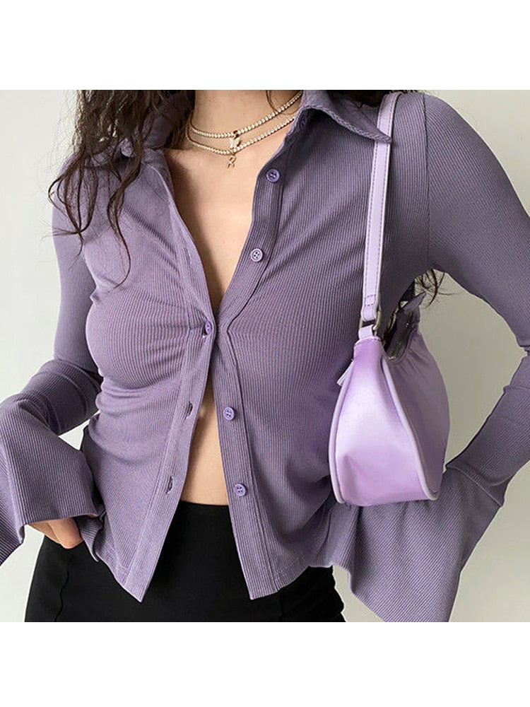 Mojoyce Sexy Bodycon Blouse Women Elegant Long Sleeve Shirt High Street Solid Purple Top Polo-Neck Fashion Casual Female Shirt