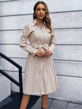 Mojoyce Temperament Slim Pleated Dress 2023 New Women Autumn Winter Lapel Collar Long Sleeve Lace Up Single Breasted Dress