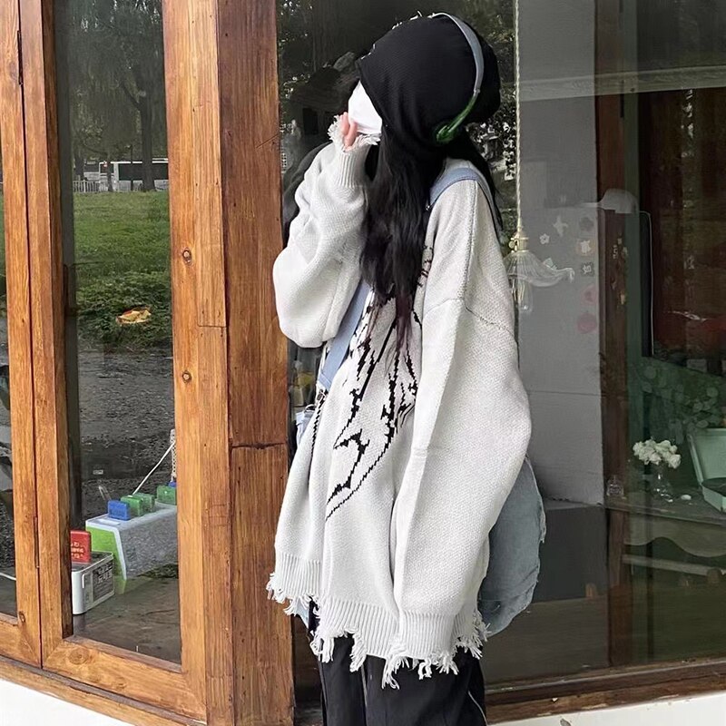 Mojoyce Hip Hop Y2k Streetwear Knitted Sweater Woman Gothic Letter Bat Skeleton Print Pullover Autumn Harajuku Cotton Sweater Women