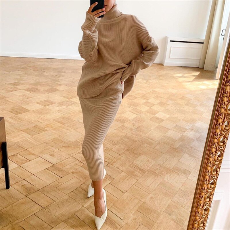 Mojoyce Tossy Knitted  2 Piece Outfit Set Casual Long Sleeve Sweater Top And Pencil Long Skirts Elegant Autumn Two Piece Sweater Sets