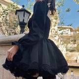 Mojoyce Long Sleeves Lolita Black Dress Goth Aesthetic Puff Sleeve High Waist Vintage Bandage Lace Trim Party Gothic Clothes Dress Woman