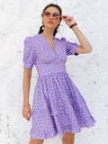 Mojoyce Purple v-neck polka-dot women Short Dress 2022 Casual Puff sleeve A-line High Waist Sundress Sexy Summer Outfit Vestidos