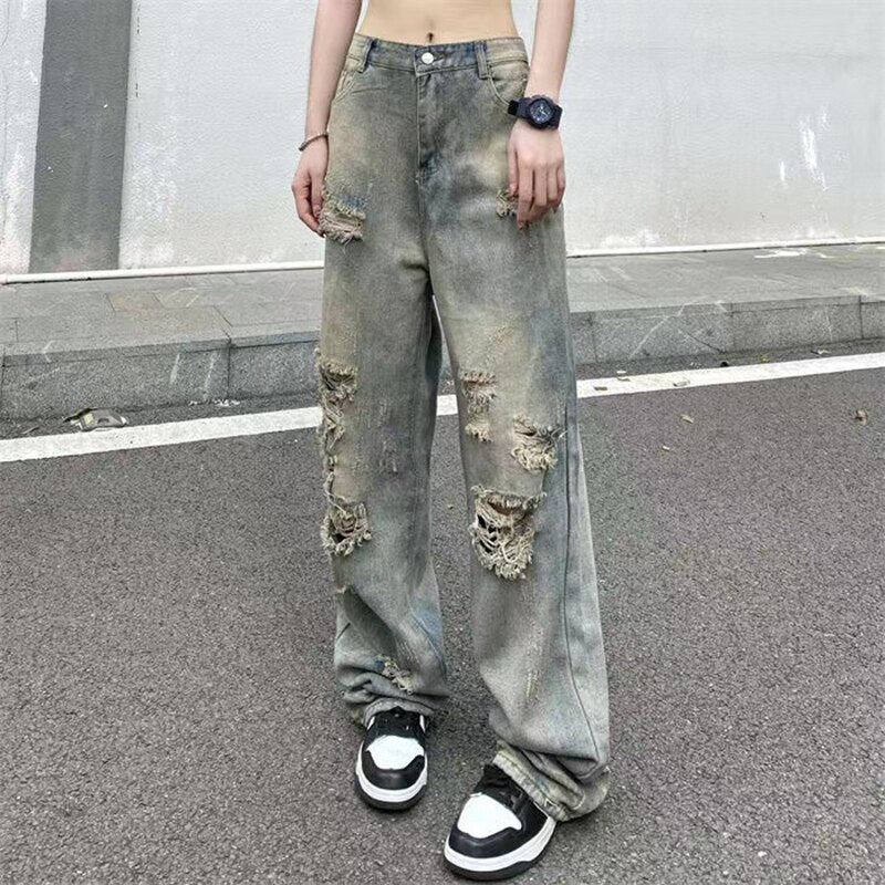 Mojoyce Trousers Washed Ripped Jeans Women Retro Y2k Streetwear High Waisted Jeans Summer Clothes For Women Baggy Wide Leg Jeans Femme