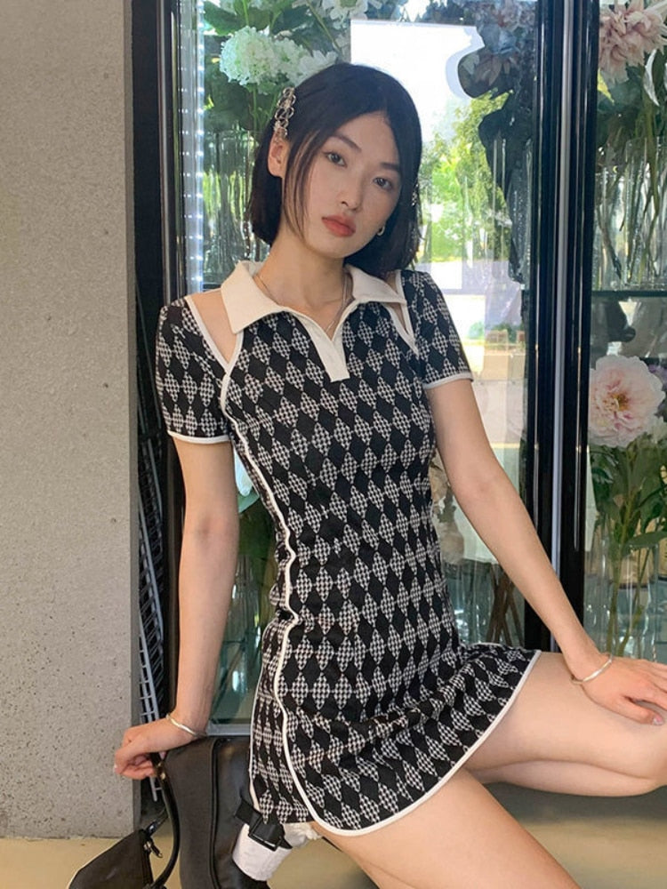Mojoyce Black Plaid Dress Women Short Sleeve 2022 Summer Sexy Hollow Out Bodycon Mini Dresses High Street Korean Fashion Robe