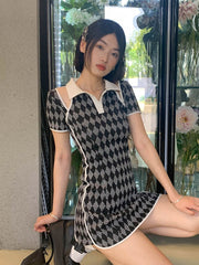 Mojoyce-hoco dresses -hoco dresses  Black Plaid Dress Women Short Sleeve Summer Sexy Hollow Out Bodycon Mini Dresses High Street Korean Fashion Robe