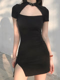 Mojoyce Heyoungirl Harajuku Black Bodycon Mini Dress Women Split Side Halter Short Dresses Ladies Skinny Short Sleeve Gothic Summer