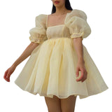 Mojoyce Women's Mini Princess Dress Elegant Puff Sleeve Lace Party Court Prom Short Dresses Sexy Bandeau Backless Clubwear