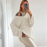 Mojoyce Tossy V-Neck Oversized Women's Sweater Long Sleeve Hollow Out Striped Knit Tops Winter 2022 Trend Casual Loose Pullover Sweaters