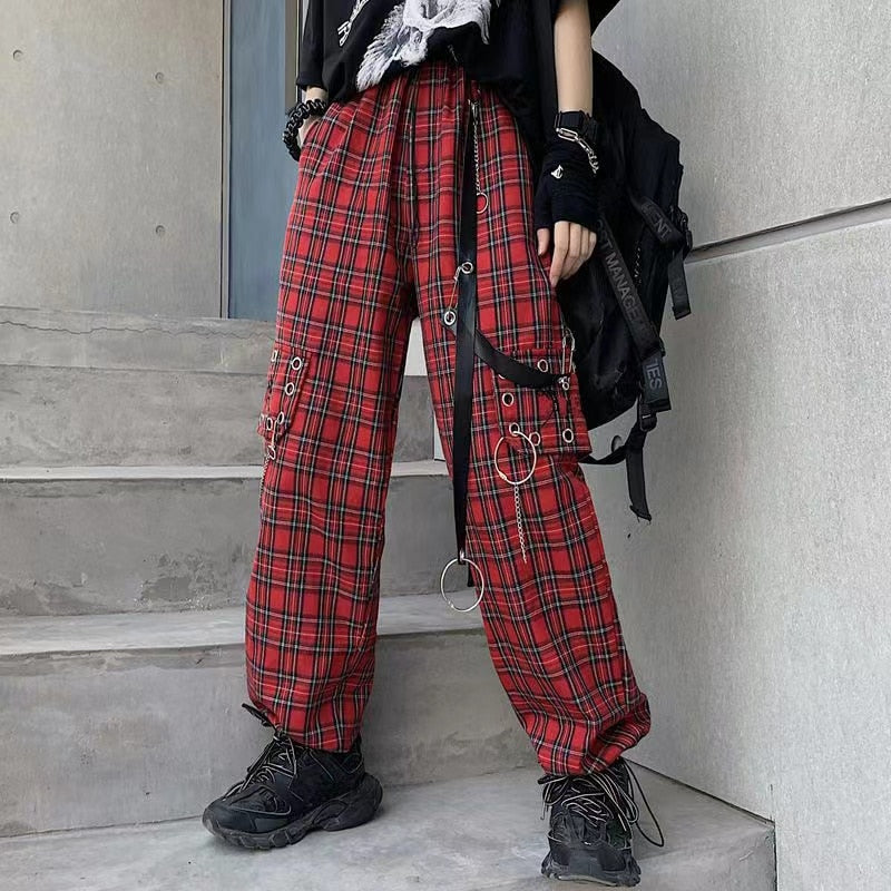 Mojoyce Hippie Fashion Punk Baggy Cargo Plaid Pants Woman Y2K Gothic Red Checkered Wide Leg Trousers For Femme Spring Summer Streetwear