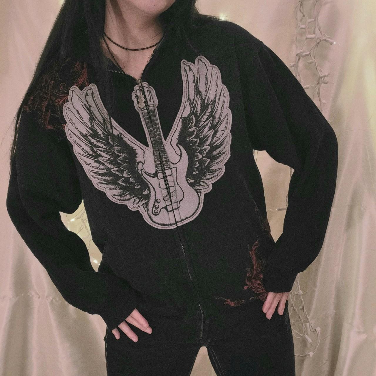 Mojoyce Women Y2K Punk Hoodies Goth Wings Print Zipped Hooded Sweatshirts Grunge Long Sleeve Loose Coat for Spring Autumn Fall Outfits 2023