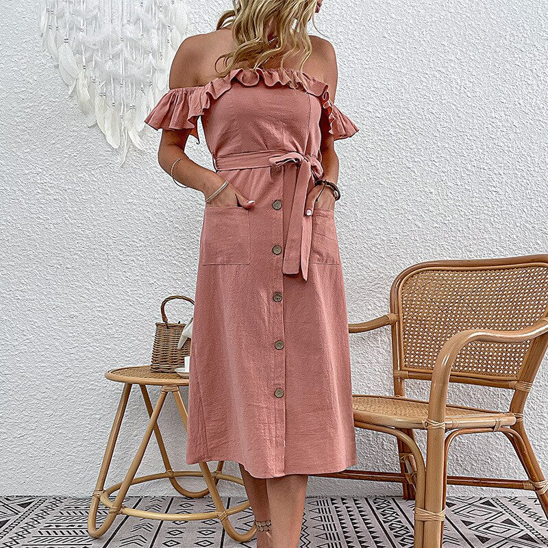 Mojoyce 2023 Summer New Women's Casual Off Shoulder Solid Color Lace Up Pleated Long Dress For Ladies Pocket Loose Dresses