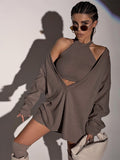 Mojoyce V-Neck Loose Harajuku Gray Pullover Women Long-Sleeved Shirt And Turtleneck Tank Top 2 Pieces Set Sexy Knitted Sweaters