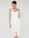 Mojoyce Casual V Neck Backless White Dress Solid Color High Waist Single-Breasted Straight Summer Dresses For Women 2022
