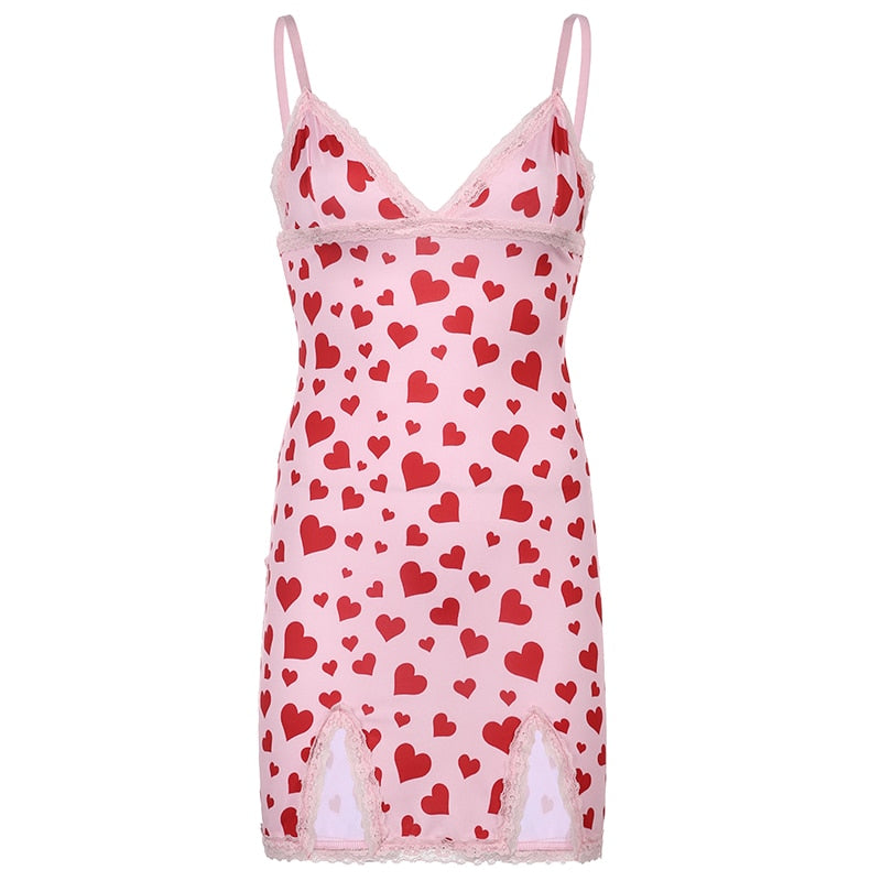 Mojoyce Y2K V Neck Heart Printed Lace Up Women's Summer Dress Fashion Aesthetic Bodycon Sundress Split Dress Sweet Cute
