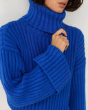 Mojoyce Turtleneck Kintted Sweater Women Short Pullovers Autumn Winter Warm Thick Jumpers Blue White Crochet Y2k E-Girl Jumper Slit