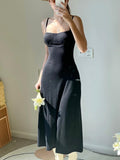 Mojoyce  Elegant Summer Spaghetti Strap Black Midi Dress Solid Fashion A-Line Casual Women's Dresses Beach Holidays Sundress