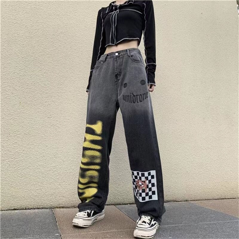 Mojoyce Punk Hippie High Street Y2K Wide Leg Trouser  Harajuku Grunge Denim Pants Vintage Straight Gothic Baggy Jeans Woman