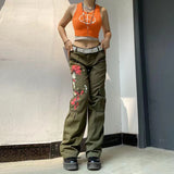 Mojoyce Hippie Print Y2k Cargo Pant Woman Big Pockets Denim Streetwear Grunge Vintage Trousers Jeans Gothic Aesthetic 90S Clothing