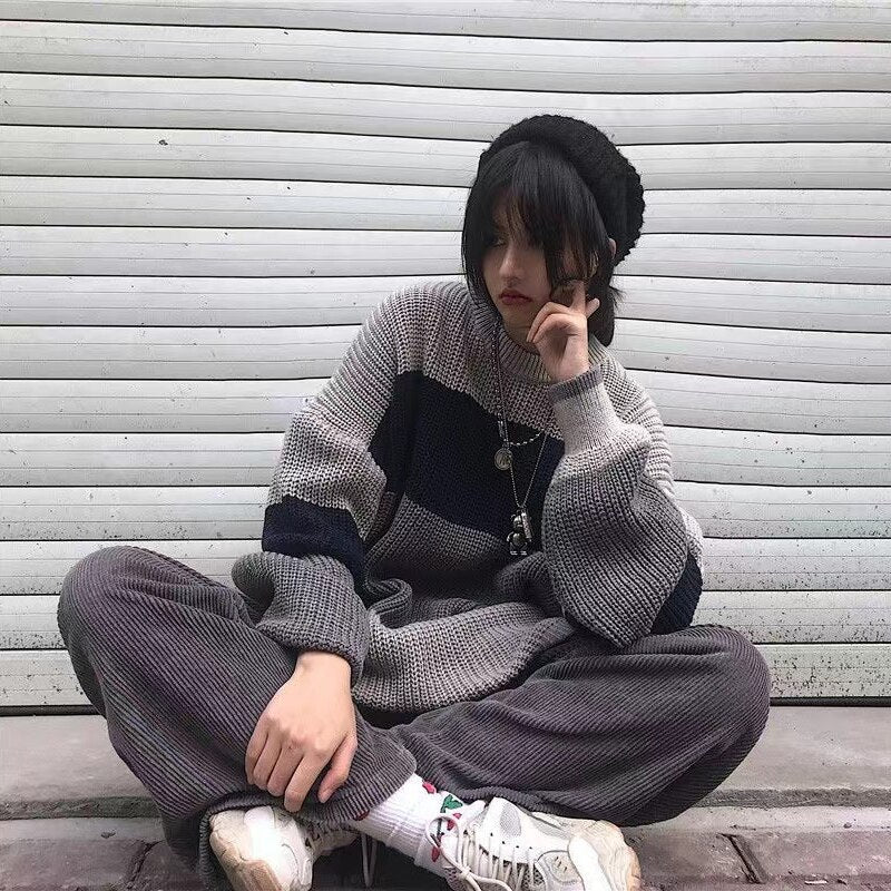 Mojoyce Pullovers Woman High Street Striped Harajuku Loose Soft Teens Clothing Fall Stylish Long Sleeve Feminino Knitwear Sweater