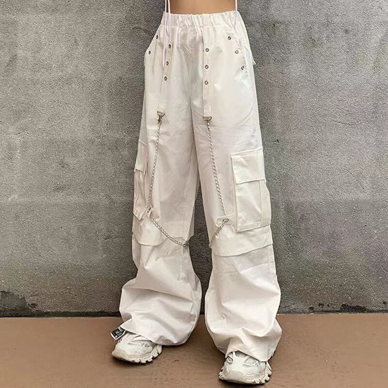 Mojoyce 90S Clothes Style Harajuku Gothic White Cargo Pants With Chain  Hippie Punk  Baggy Pants Y2K Oversize Hot Girl Trousers