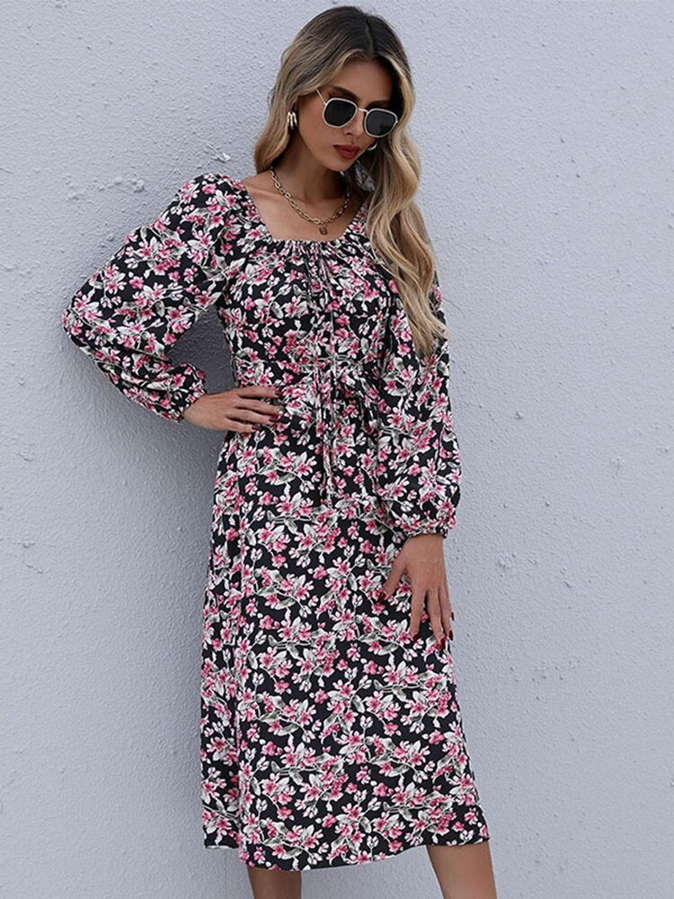 Mojoyce 2023 New Women's Fashion Print Backless Square Neck Long Sleeve High Waist Floral Dress For Female