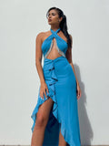 Mojoyce Summer 2023 Sleeveless Halter Midi Ruffles Dress Women Party Backless Hollow Out Bodycon Dresses Hanging Beads