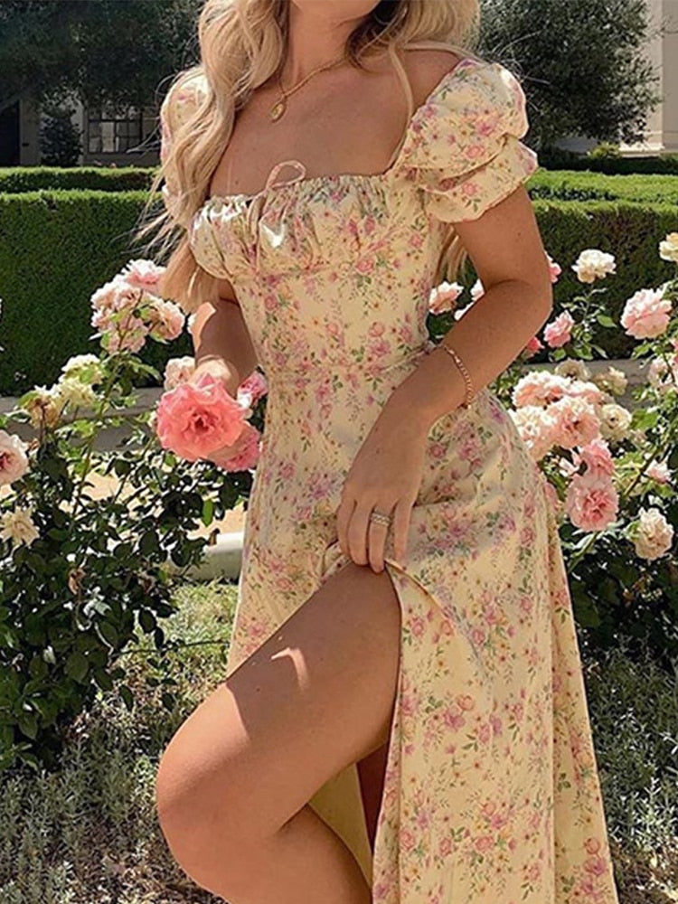 Mojoyce Jacqueline 2022 Puff Sleeve Midi Floral Dress Women Retro Elegant Sexy Split Sundress Casual Ruched Drawstring Dresses Summer