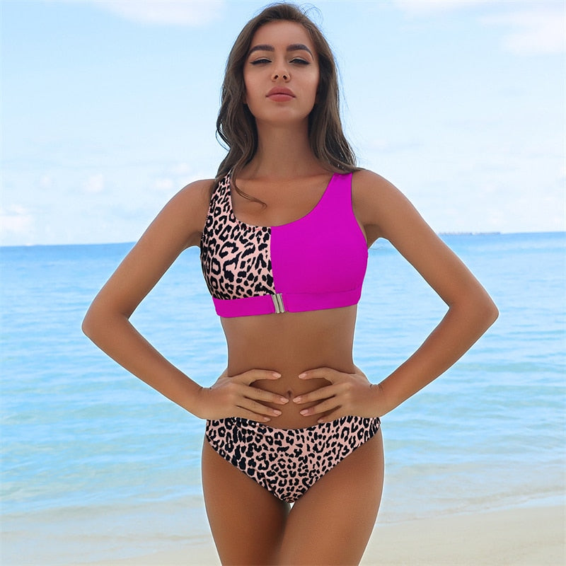 Mojoyce New Sexy High Waist Print Leopard Patchwork Bikini Tank Swimsuit Women Push Up Swimwear Two-Pieces Summer Beach Bathing Sui
