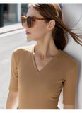 Christmas Gift Mojoyce T-Shirt For Women 2022 Summer Knitted Tops V-Neck Half Sleeves Elegant Slim Tees Fashion Female Clothes