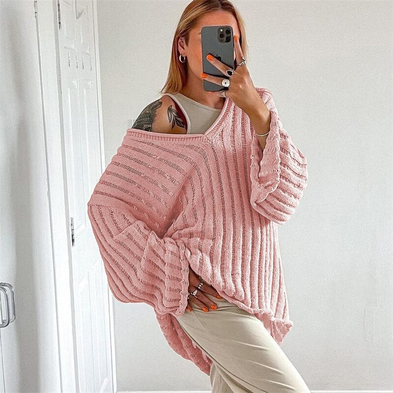 Mojoyce Tossy V-Neck Oversized Women's Sweater Long Sleeve Hollow Out Striped Knit Tops Winter 2022 Trend Casual Loose Pullover Sweaters