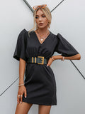 Mojoyce Luxury black short sleeve summer women dress 2022 Sexy V-neck solid High Street dress Elegant A-line ladies mini Vestido