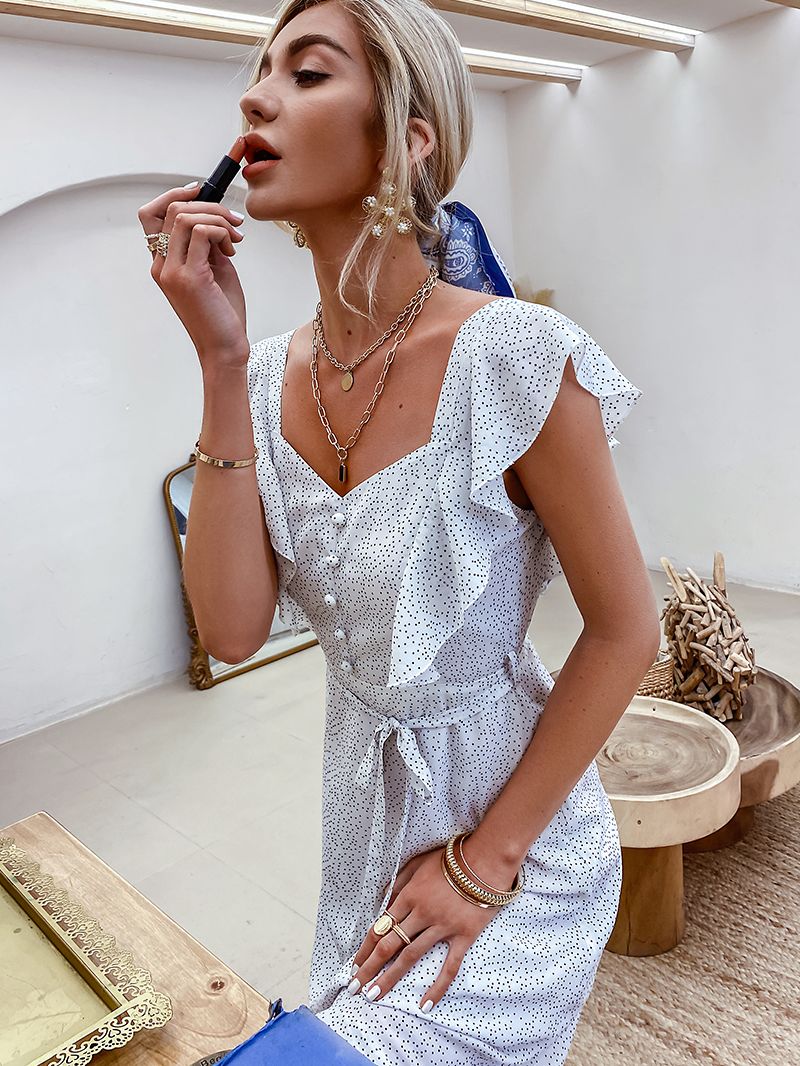 Mojoyce Casual Polka Dot Printed High Waist Women Dress Summer V-neck Sleeveless Vestidos 2022 Ruffled Lace-up Maxi Sundress New