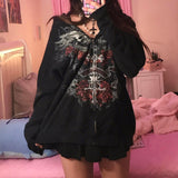Mojoyce Vintage Gothic Grunge Skull Print Zip Up Hoodies Dark Academia Harajuku Sweatshirts Autunm Aesthetic Coat Tops Y2k Fall Outfits 2023