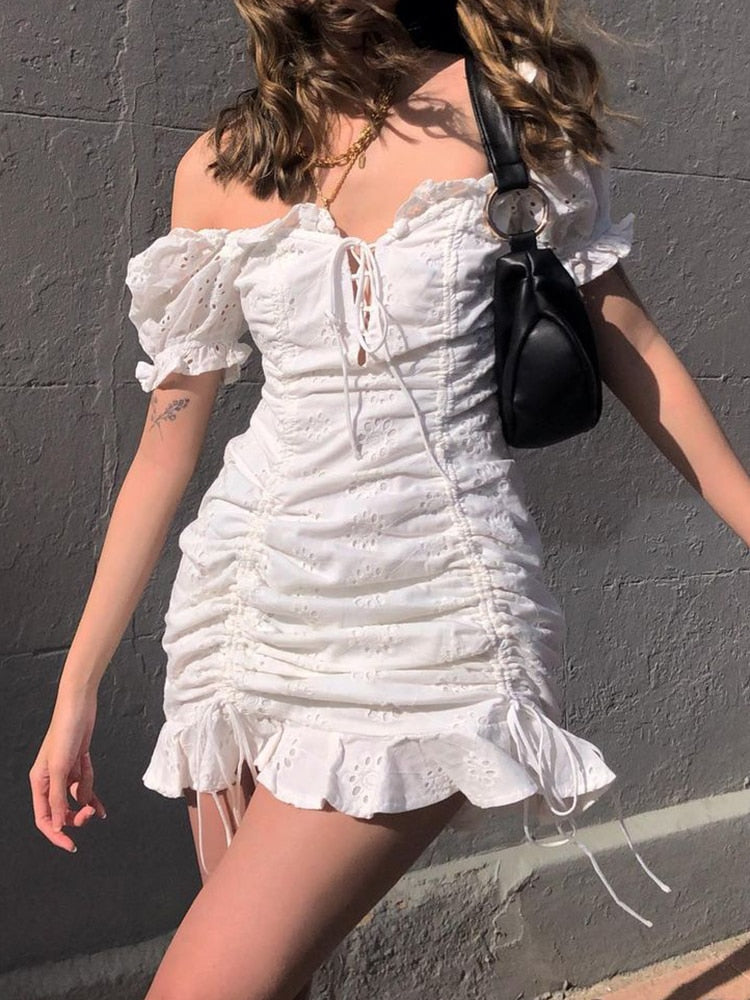 Mojoyce Ruffles Vintage Dress Women Summer Ruched Elegant White Short Sleeve Ladies Dress Beach Party