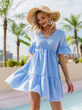 Mojoyce V-neck ruffle sleeves blue plaid women dress Lace up short sleeve high waist knee length dress Summer elegant lady dress