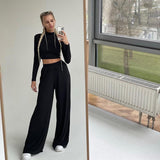 Mojoyce Autumn Winter Women Solid Casual Fitness Tracksuit Set Outfits Long Sleeve Crop Tops Trouser Flare Pants 2 Two Piece Set