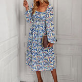 Mojoyce New Women Spring Summer Square Neck Long Sleeve Floral High Waist Dress For Ladies Fashion All Match Chic Dresses