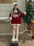 Mojoyce Winter Kawaii Christmas Coat Women Red Ruffles Japanese Sweet Cute Jackets Female Bow Warm Elegant Korean Fashion Overcoat