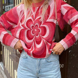 Mojoyce Women Y2K Flower Print Stripes Knitted Sweater 2023 Fashion Casual Female O Neck Long Sleeve Pullover Tops Spring And Autumn