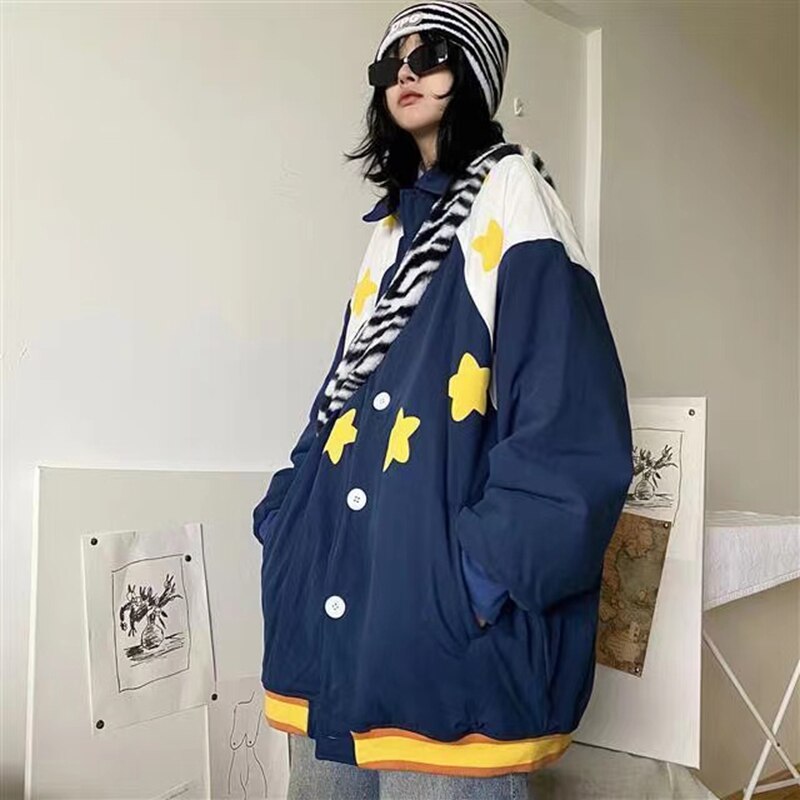 Mojoyce Star Print Streetwear Y2k Clothes Baggy Jacket Women Loose Winter Harajuku Thicken Coats Vintage Korean Hip Hop Tops Woman