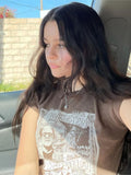 Mojoyce Vintage Brown Tee Tops Y2k Gothic Women Cute Cartoon Print Short Sleeve O- Neck T-Shirt Summer Casual Streetwear 90s T-Shirts