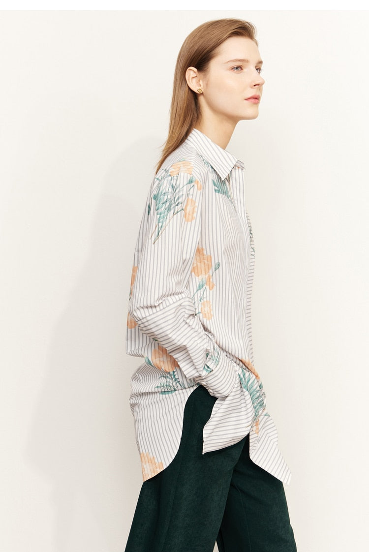 Christmas Gift Mojoyce Women Shirt 2022 Autumn 100% Cotton Striped Design Splicing Floral Mid-Length All-Match Fashion Shirts
