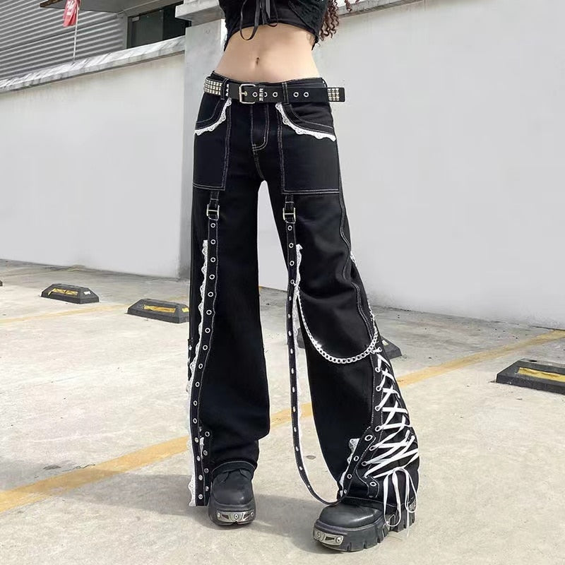 Mojoyce Gothic Clothes Denim Baggy Jean Women Aesthetic Lace Up Patchwork Dark Academia Streetwear Punk Bandage Trousers Straight Pants