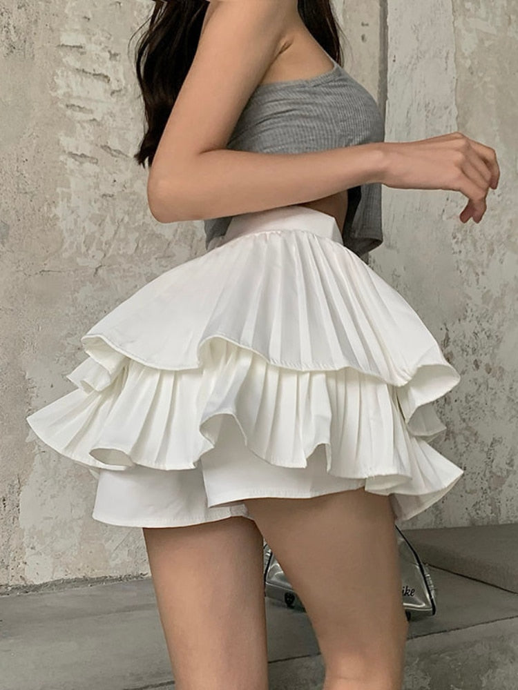 Mojoyce White Pleated Skirt Women Summer Cake Mini Skirt Ruched Sexy High Street Sweet Cute Ball Gown Korean Fashion Streetwear